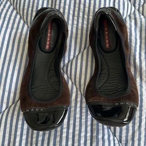 PRADA Chocolate Brown and Black Patent Ballet Flats